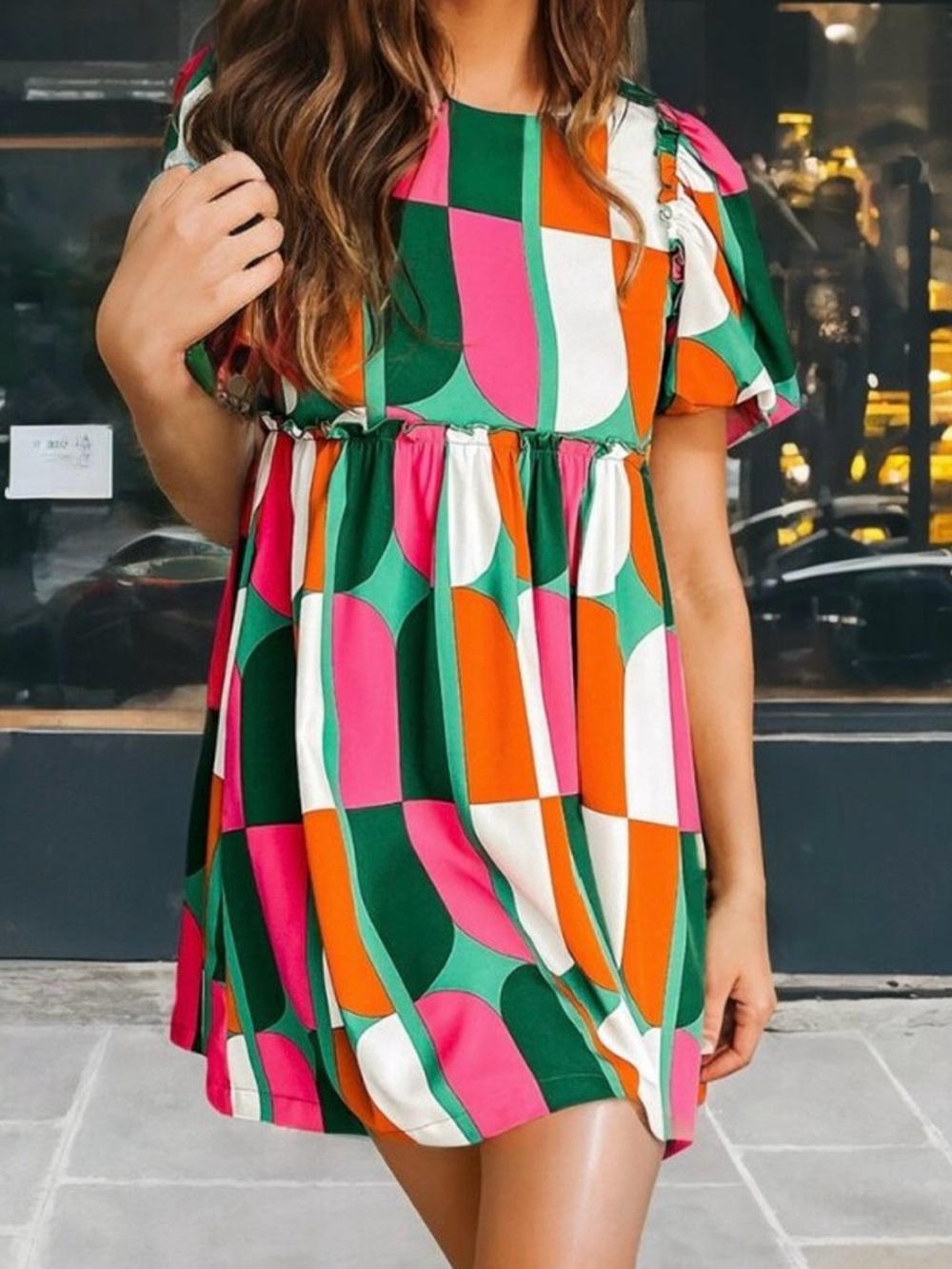 Colorful Geometric Puff Sleeve Mini Dress
